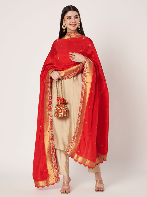 anokherang Combos Ivory Silk Straight Kurti With Pants and Red Pathani Dupatta