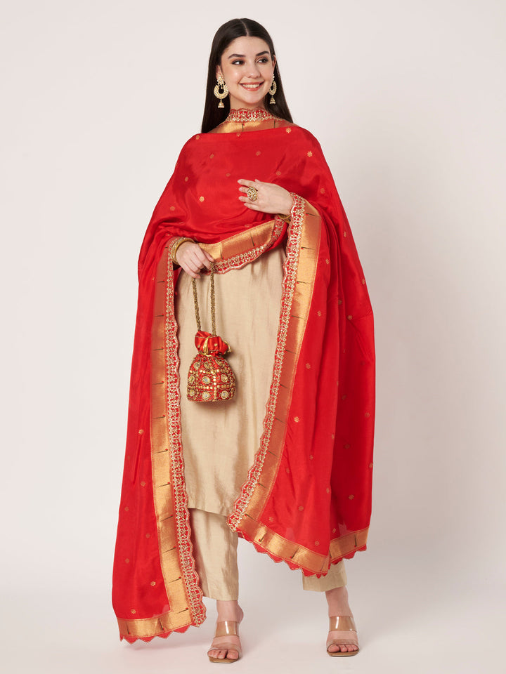 anokherang Combos Ivory Silk Straight Kurti With Pants and Red Pathani Dupatta