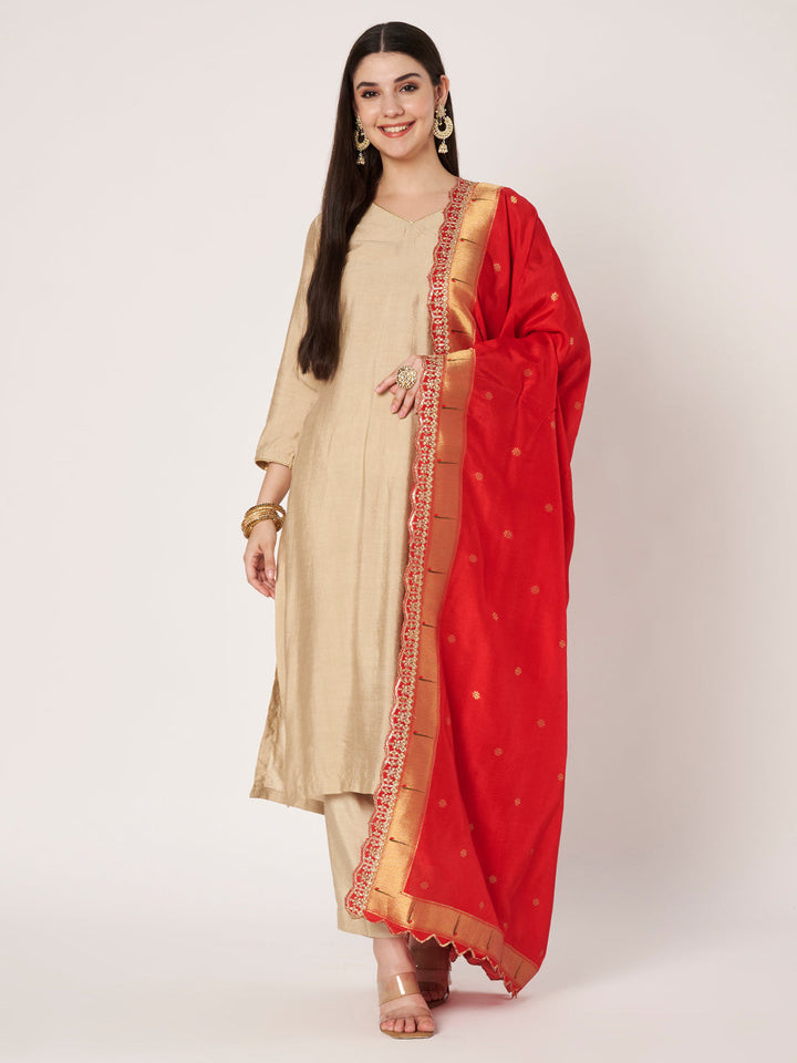 anokherang Combos Ivory Silk Straight Kurti With Pants and Red Pathani Dupatta