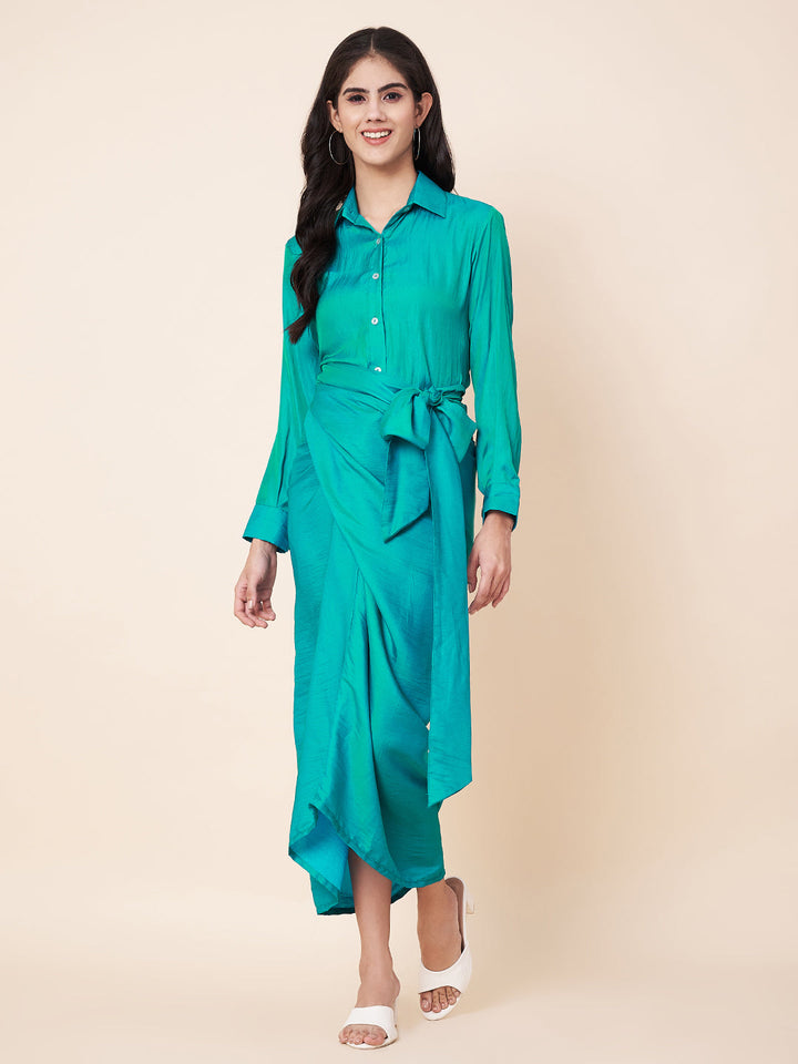 anokherang Combos Jade Green Shirt with Wrap Skirt