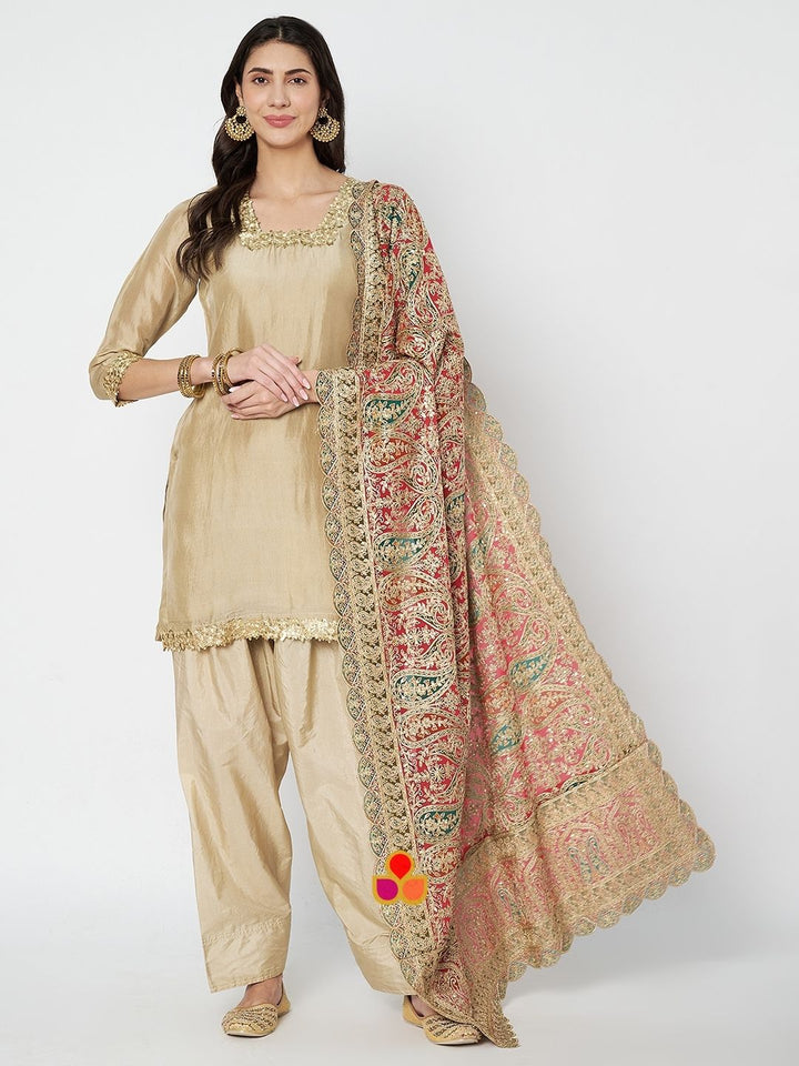 anokherang Combos Jugni Ivory Silk Straight Kurti with Salwar and Multicolor Embroidered Georgette Dupatta