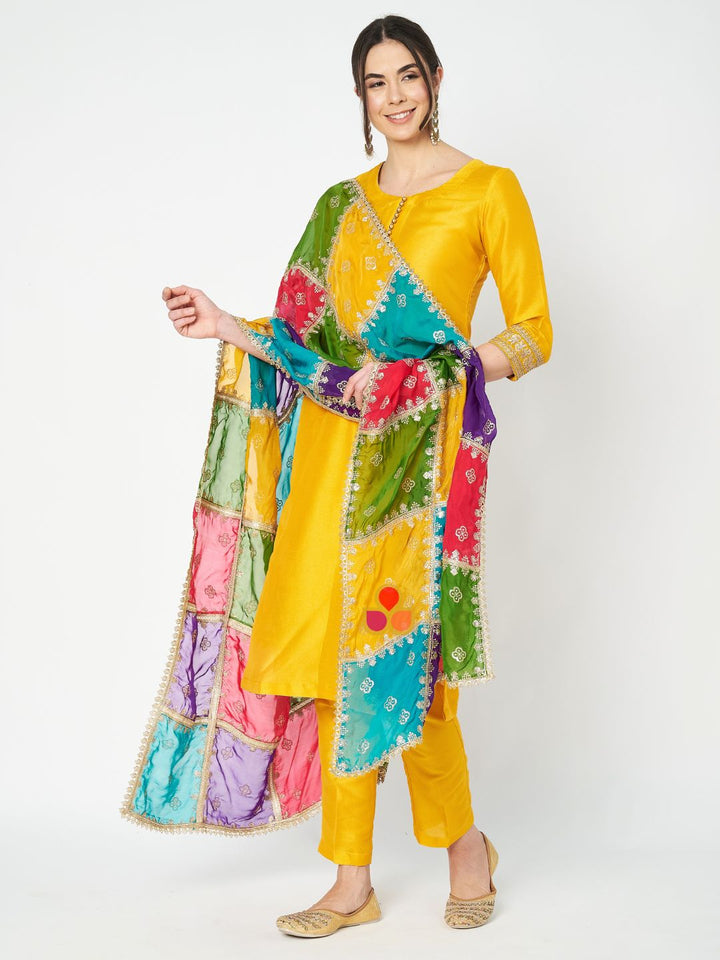 anokherang Combos Jugni Mustard  Silk Kurti with Straight Pants and Multicolor Organza Dupatta