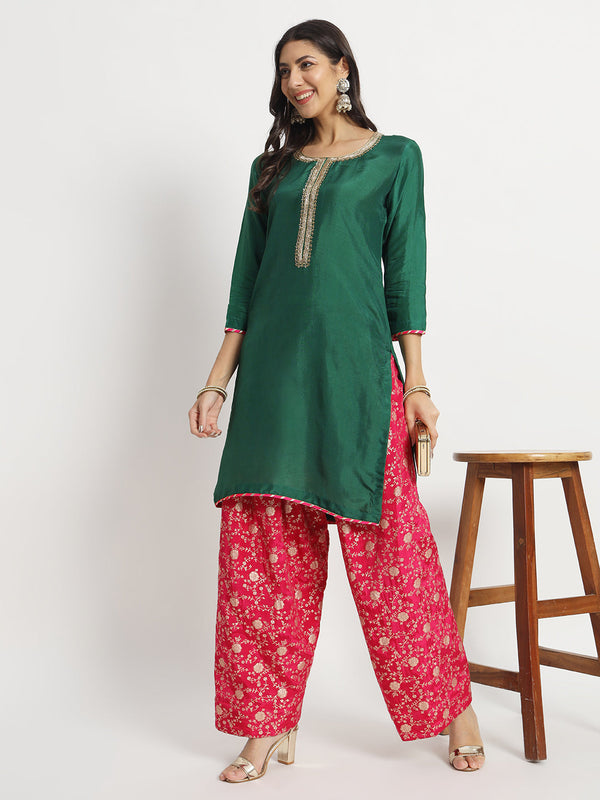 anokherang Combos Jungle Green Embroidered Kurti with Magenta Brocade Salwar