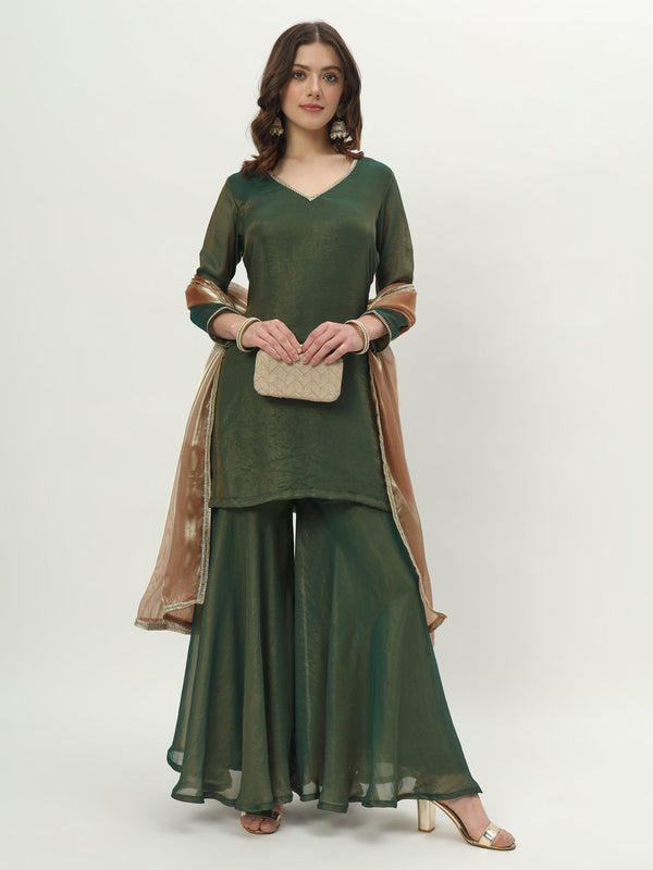 anokherang Combos Leafy Green Two-tone Silk Kurti with Sharara and Organza Dupatta