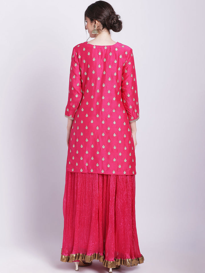 anokherang Combos Magical Magenta Buti Short Kurti with Silk Skirt