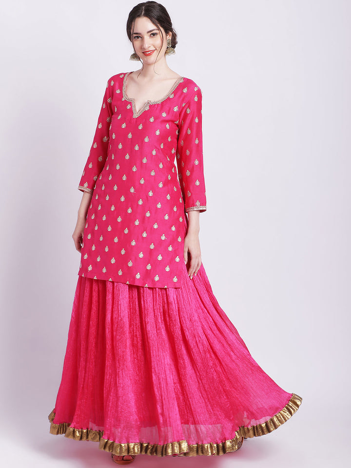 anokherang Combos Magical Magenta Buti Short Kurti with Silk Skirt