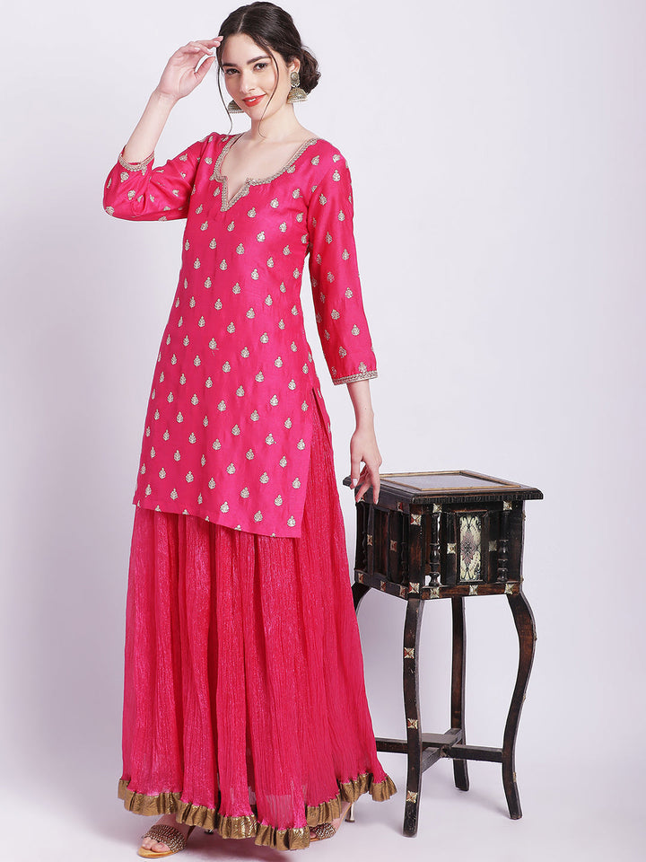 anokherang Combos Magical Magenta Buti Short Kurti with Silk Skirt