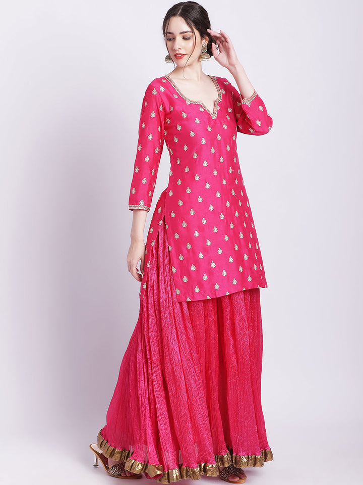 anokherang Combos Magical Magenta Buti Short Kurti with Silk Skirt