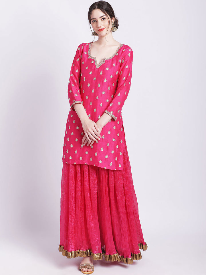 anokherang Combos Magical Magenta Buti Short Kurti with Silk Skirt