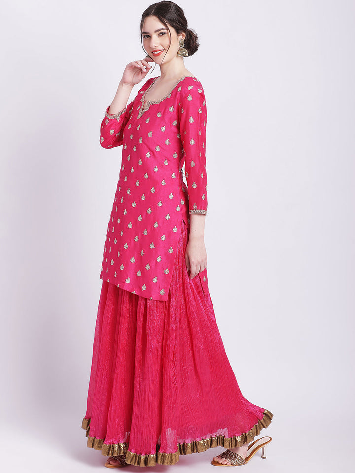 anokherang Combos Magical Magenta Buti Short Kurti with Silk Skirt