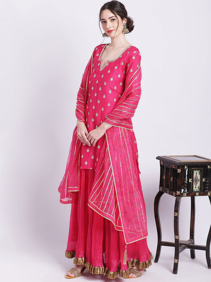 anokherang Combos Magical Magenta Buti Short Kurti with Silk Skirt and Dupatta