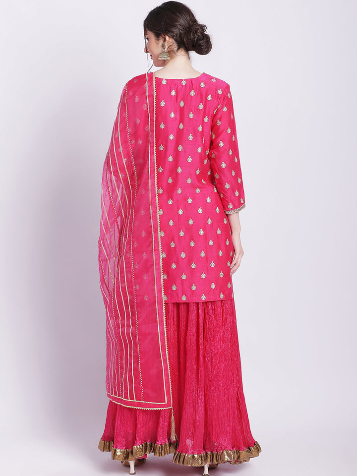 anokherang Combos Magical Magenta Buti Short Kurti with Silk Skirt and Dupatta