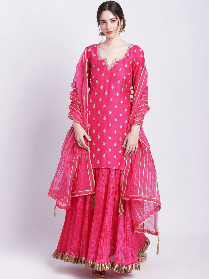 anokherang Combos Magical Magenta Buti Short Kurti with Silk Skirt and Dupatta