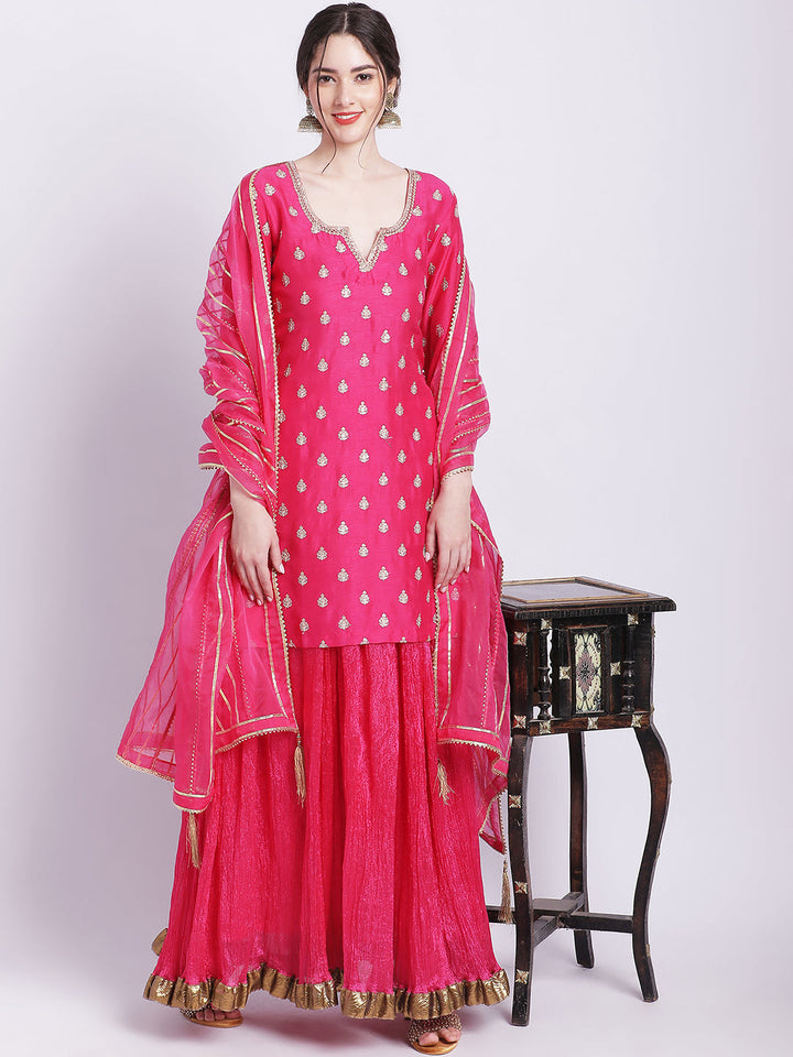 anokherang Combos Magical Magenta Buti Short Kurti with Silk Skirt and Dupatta