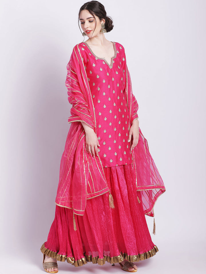 anokherang Combos Magical Magenta Buti Short Kurti with Silk Skirt and Dupatta