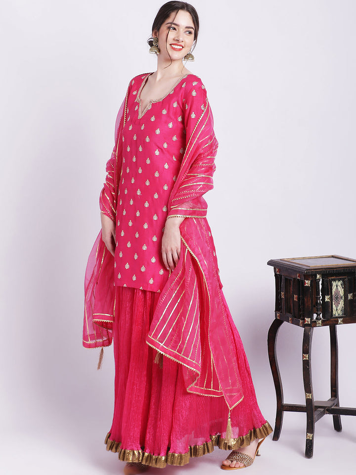 anokherang Combos Magical Magenta Buti Short Kurti with Silk Skirt and Dupatta