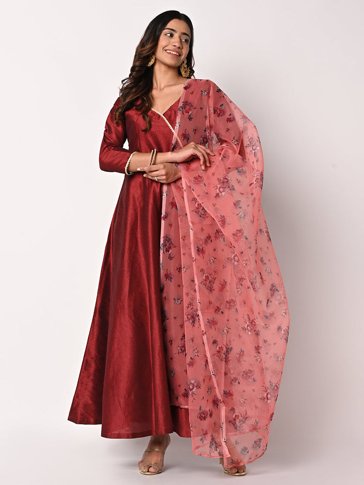 anokherang Combos Magical Maroon Silk Floor Length with Peach Floral Dupatta