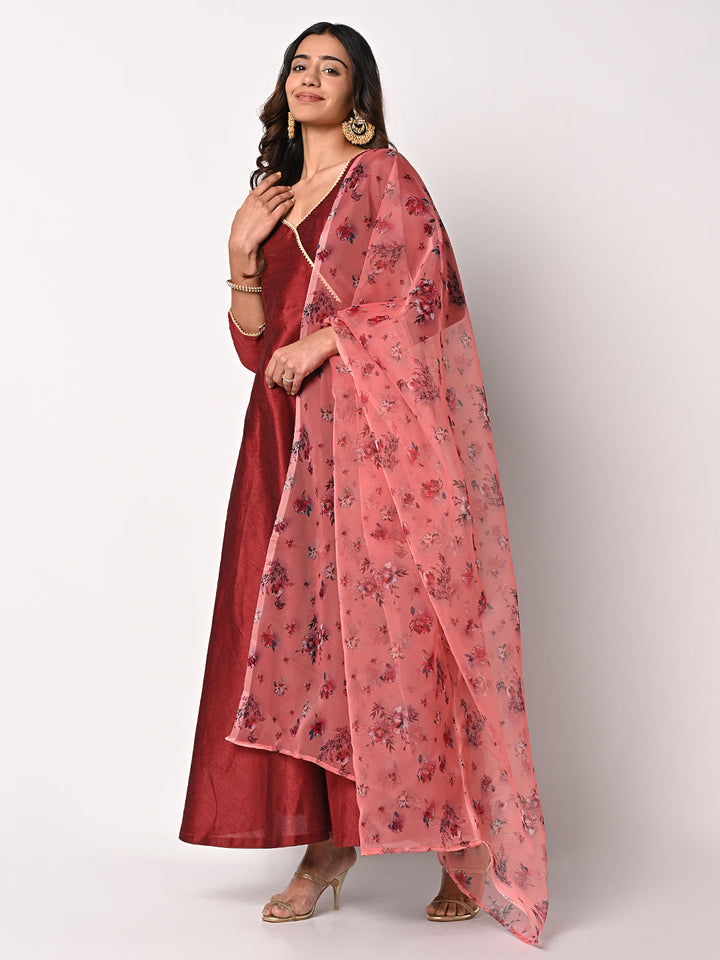anokherang Combos Magical Maroon Silk Floor Length with Peach Floral Dupatta
