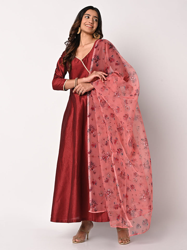 anokherang Combos Magical Maroon Silk Floor Length with Peach Floral Dupatta
