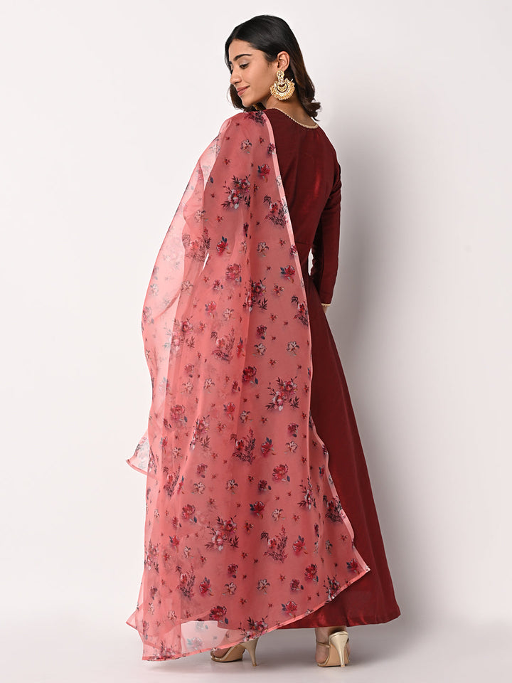 anokherang Combos Magical Maroon Silk Floor Length with Peach Floral Dupatta