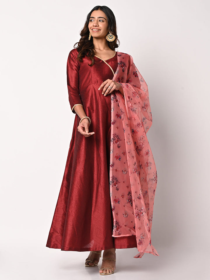 anokherang Combos Magical Maroon Silk Floor Length with Peach Floral Dupatta