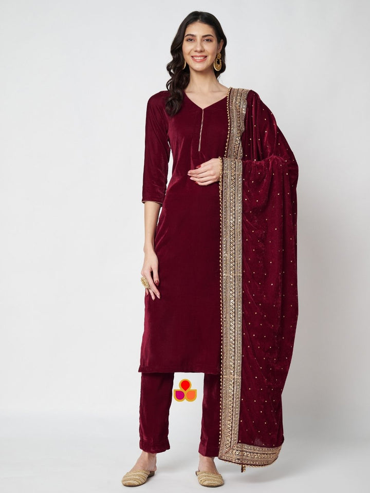 anokherang Combos Maharani Maroon Velvet Straight Kurti with Pants and Embroidered Velvet Dupatta