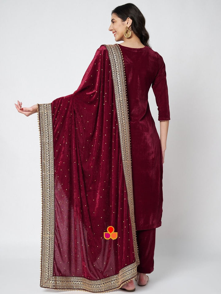 anokherang Combos Maharani Maroon Velvet Straight Kurti with Pants and Embroidered Velvet Dupatta