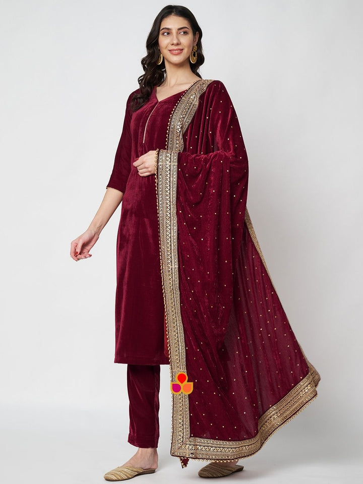 anokherang Combos Maharani Maroon Velvet Straight Kurti with Pants and Embroidered Velvet Dupatta