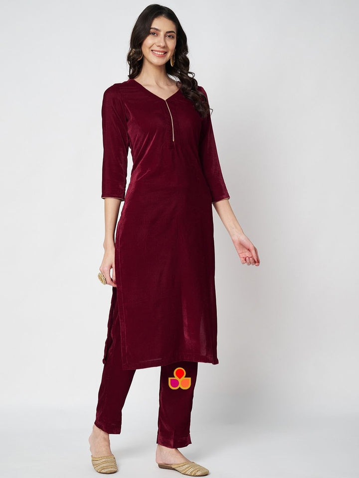 anokherang Combos Maharani Maroon Velvet Straight Kurti with Pants and Embroidered Velvet Dupatta