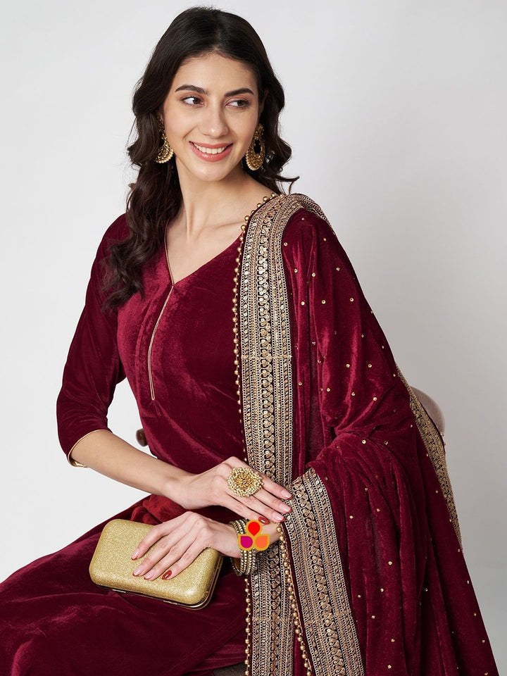 anokherang Combos Maharani Maroon Velvet Straight Kurti with Pants and Embroidered Velvet Dupatta