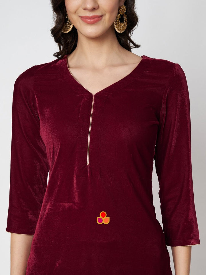 anokherang Combos Maharani Maroon Velvet Straight Kurti with Pants and Embroidered Velvet Dupatta