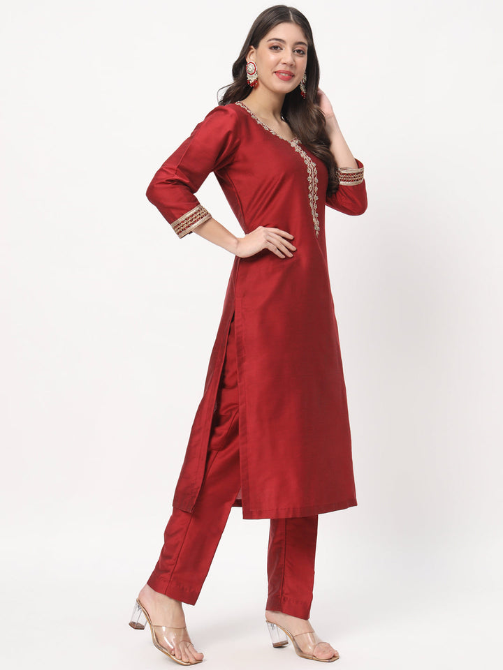 anokherang Combos Maroon Embroidered Straight Kurta with Straight Pants