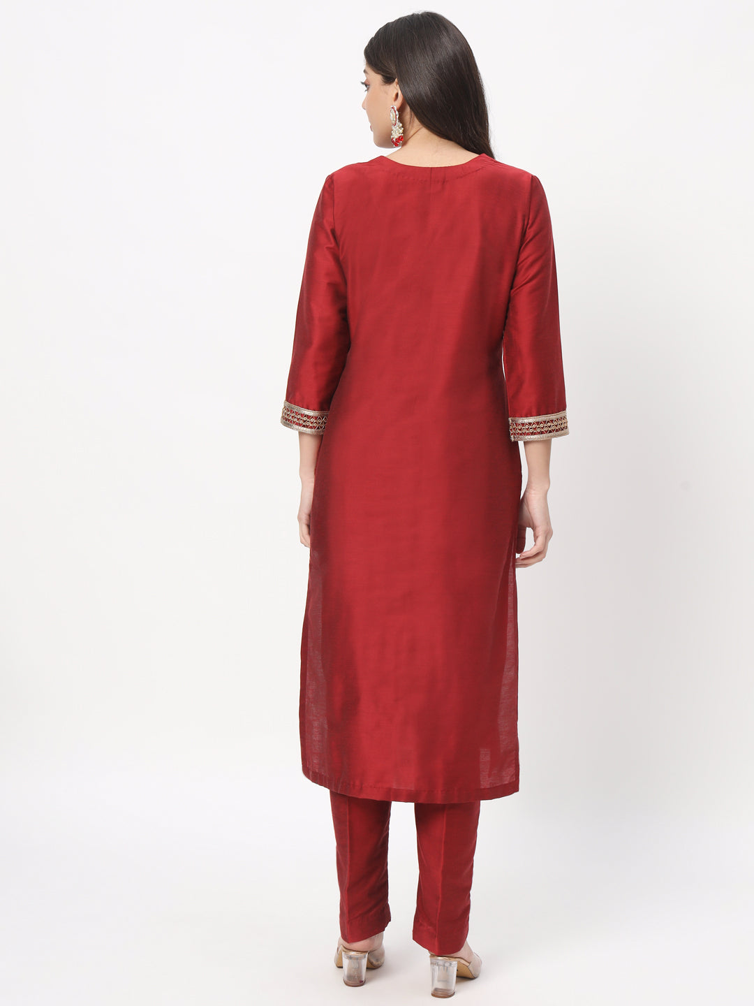 Solid Maroon Shirt Collared Kurta With Indigo Geometric Printed Pants