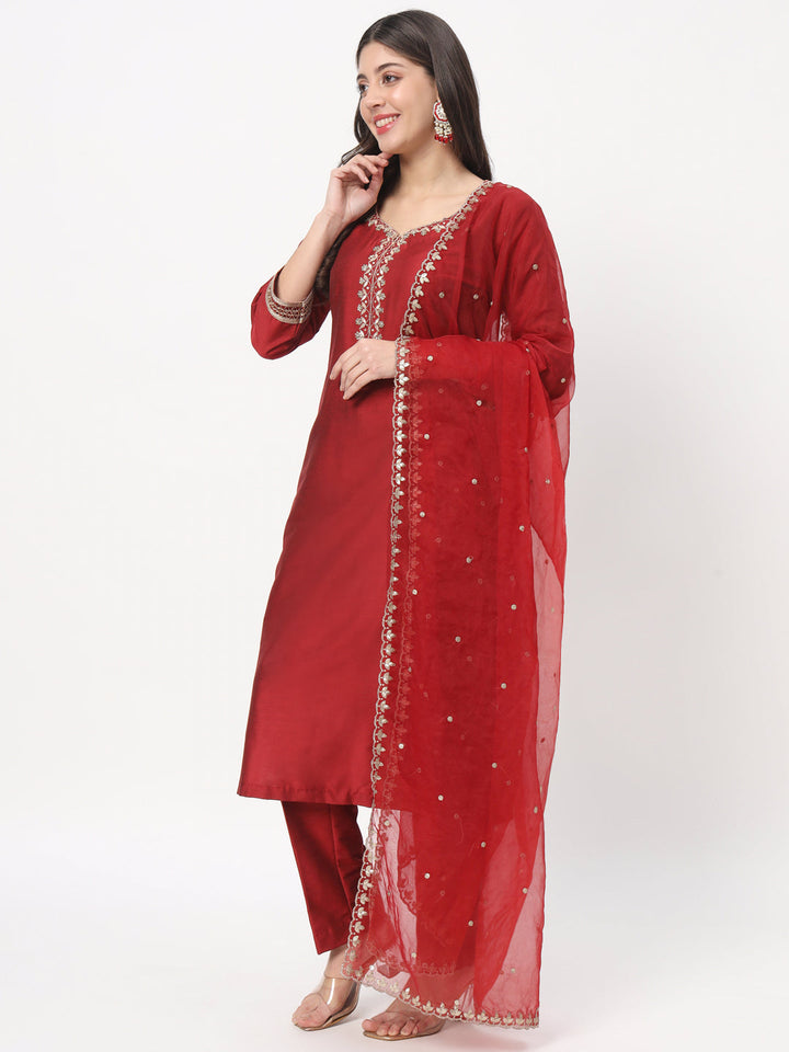 anokherang Combos Maroon Embroidered Straight Kurta with Straight Pants and Organza Embroidered Dupatta