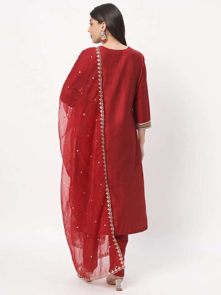 anokherang Combos Maroon Embroidered Straight Kurta with Straight Pants and Organza Embroidered Dupatta