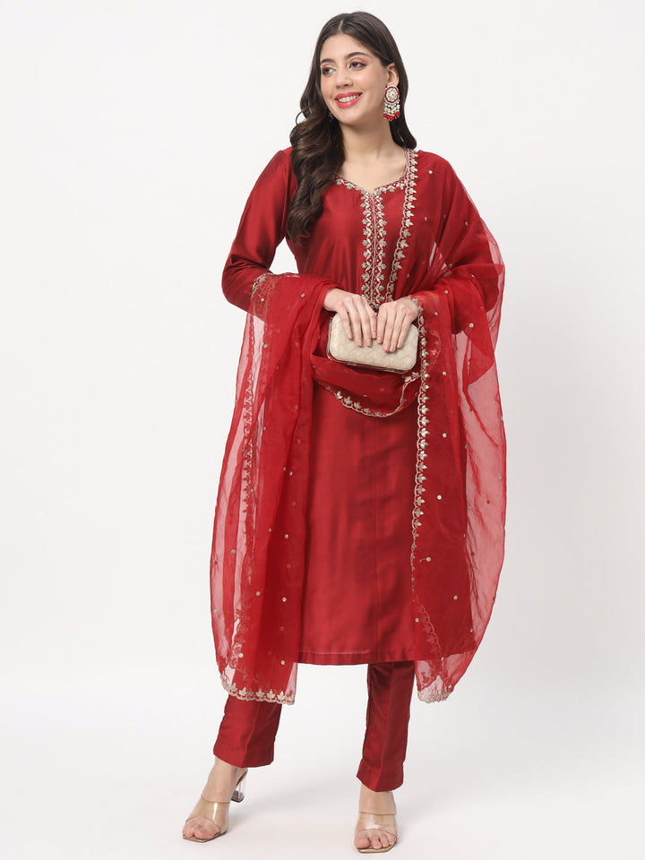 anokherang Combos Maroon Embroidered Straight Kurta with Straight Pants and Organza Embroidered Dupatta