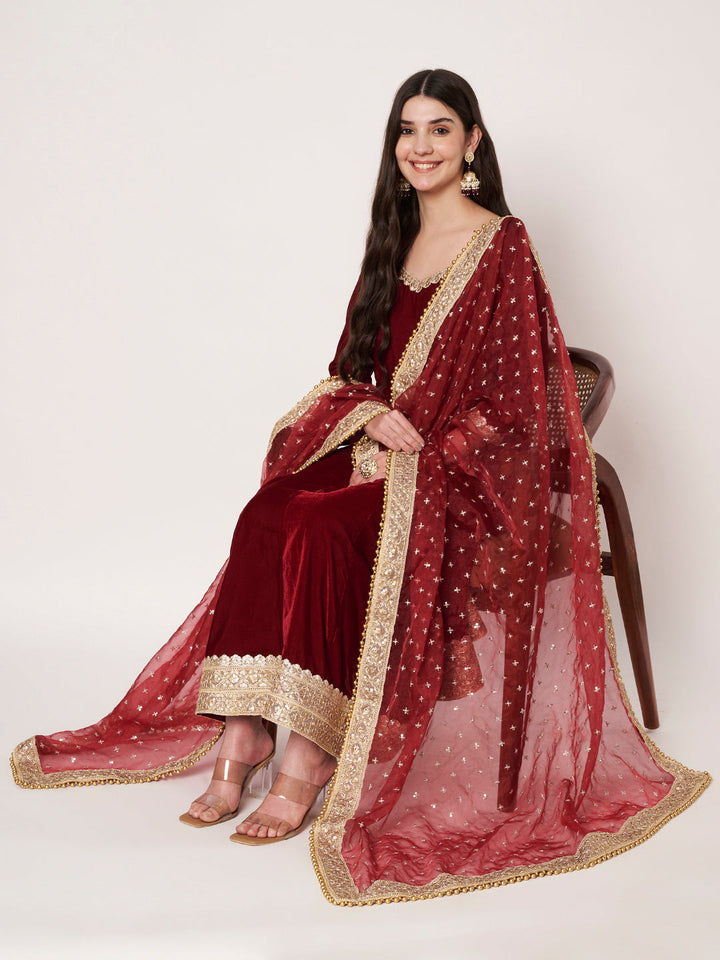 anokherang Combos Maroon Grace Velvet with Pants and Organza Sequin Dupatta