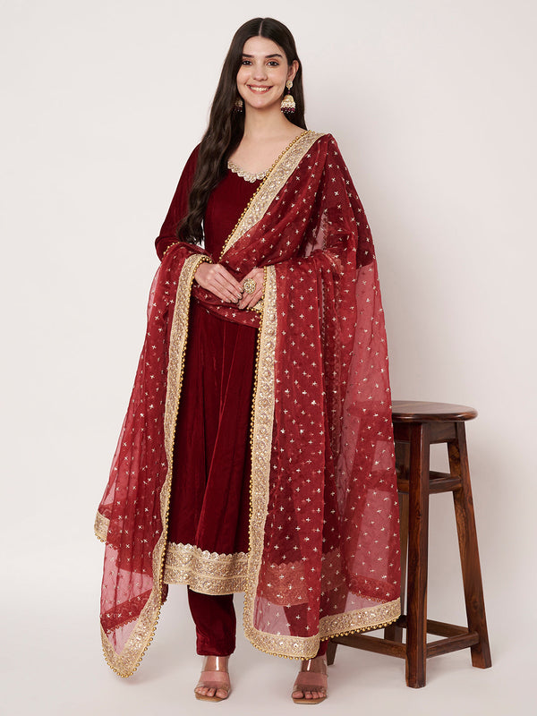 anokherang Combos Maroon Grace Velvet with Pants and Organza Sequin Dupatta