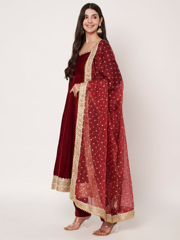 anokherang Combos Maroon Grace Velvet with Pants and Organza Sequin Dupatta