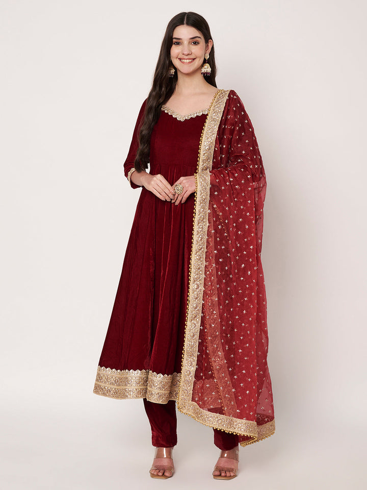anokherang Combos Maroon Grace Velvet with Pants and Organza Sequin Dupatta