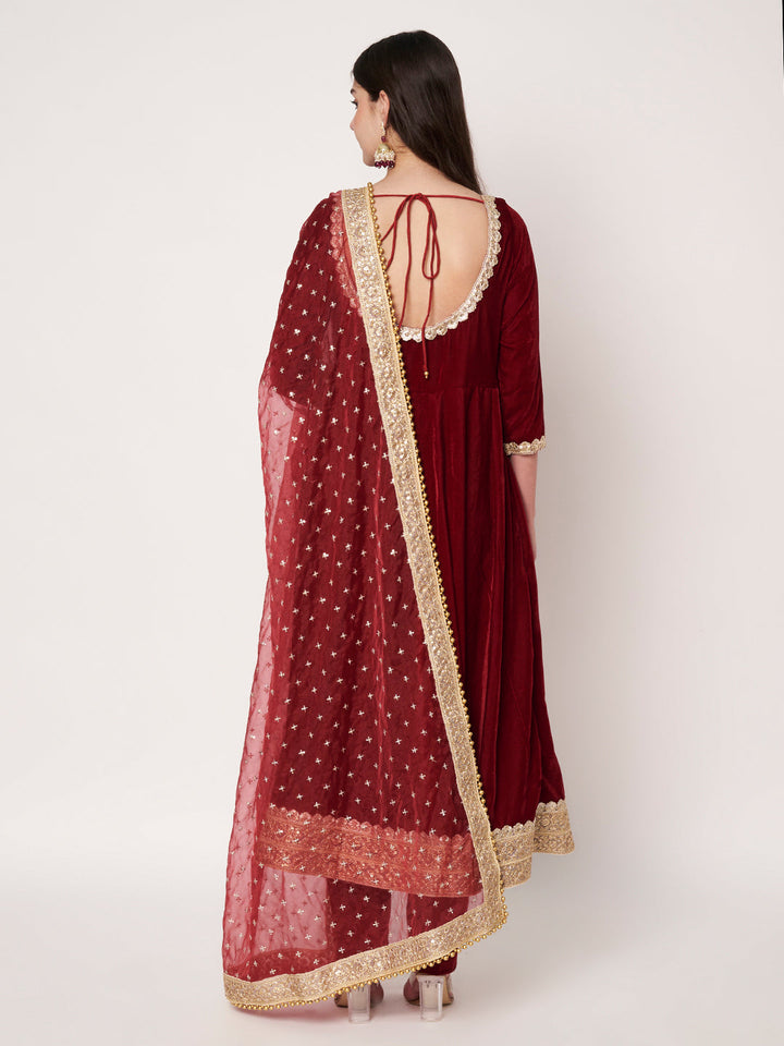 anokherang Combos Maroon Grace Velvet with Pants and Organza Sequin Dupatta
