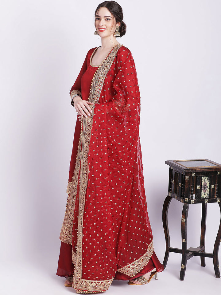 anokherang Combos Maroon Pakeeza Silk Kurti with Palazzo and Embroidered Dupatta