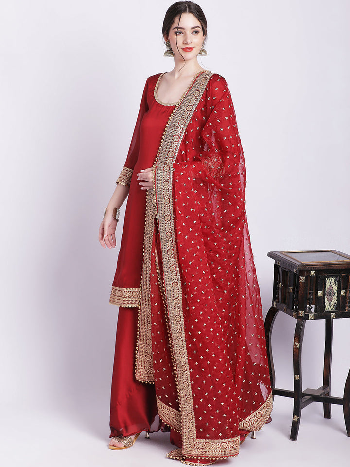 anokherang Combos Maroon Pakeeza Silk Kurti with Palazzo and Embroidered Dupatta