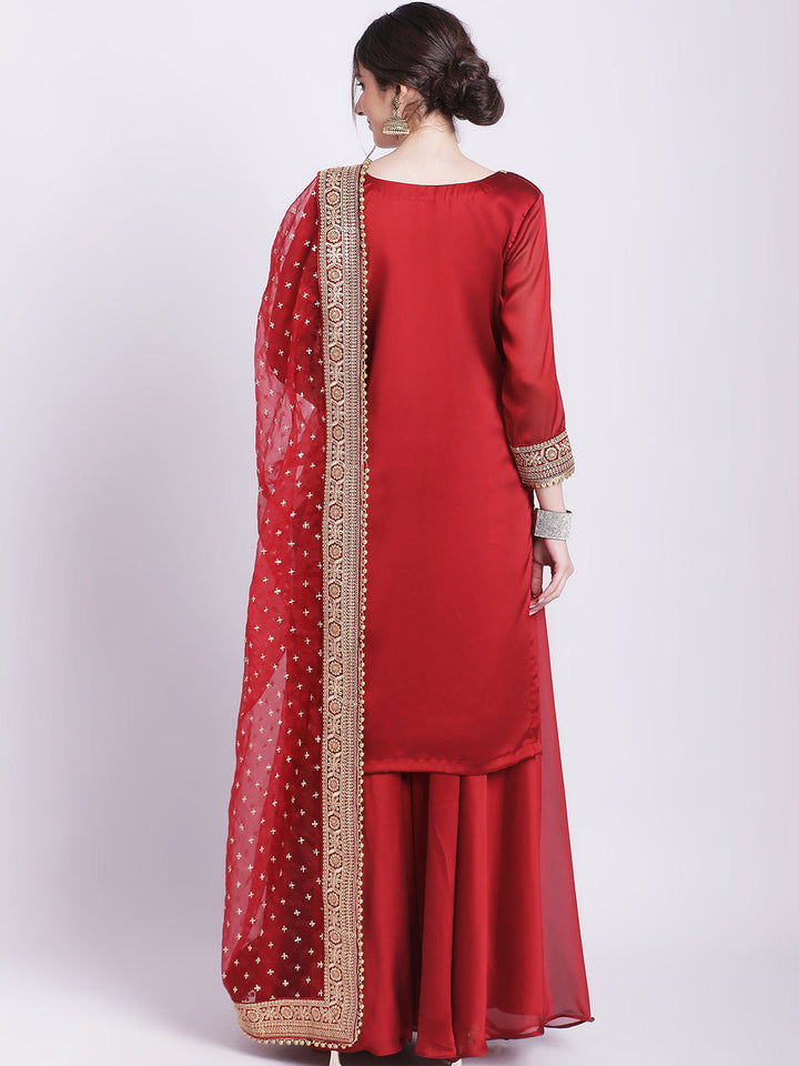 anokherang Combos Maroon Pakeeza Silk Kurti with Palazzo and Embroidered Dupatta