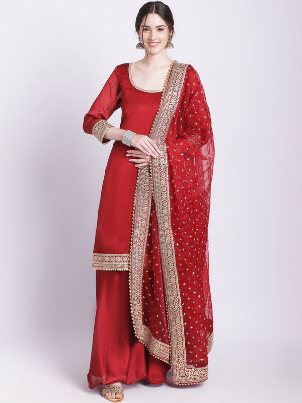 anokherang Combos Maroon Pakeeza Silk Kurti with Palazzo and Embroidered Dupatta