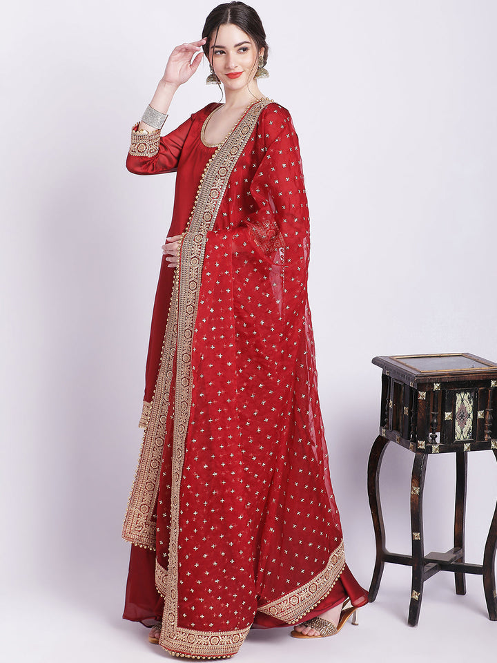 anokherang Combos Maroon Pakeeza Silk Kurti with Palazzo and Embroidered Dupatta