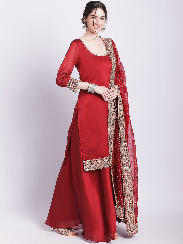 anokherang Combos Maroon Pakeeza Silk Kurti with Palazzo and Embroidered Dupatta