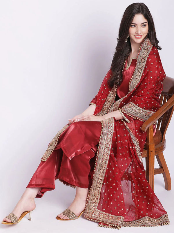 anokherang Combos Maroon Shine Organza Straight Kurti with Straight Palazzo and Embroidered Organza Dupatta