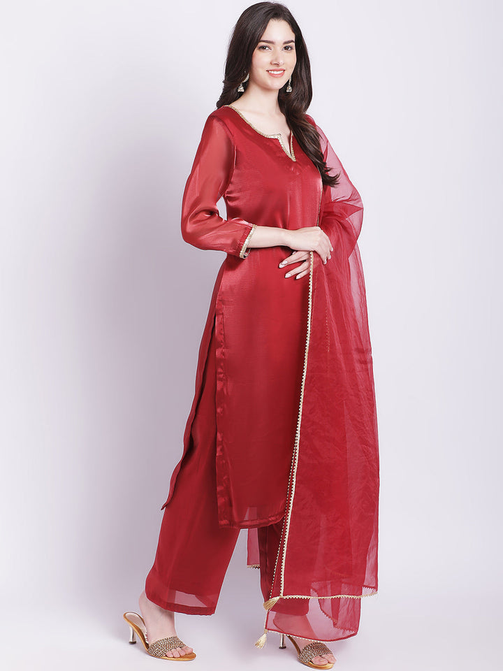 anokherang Combos Maroon Shine Organza Straight Kurti with Straight Palazzo and Organza Dupatta