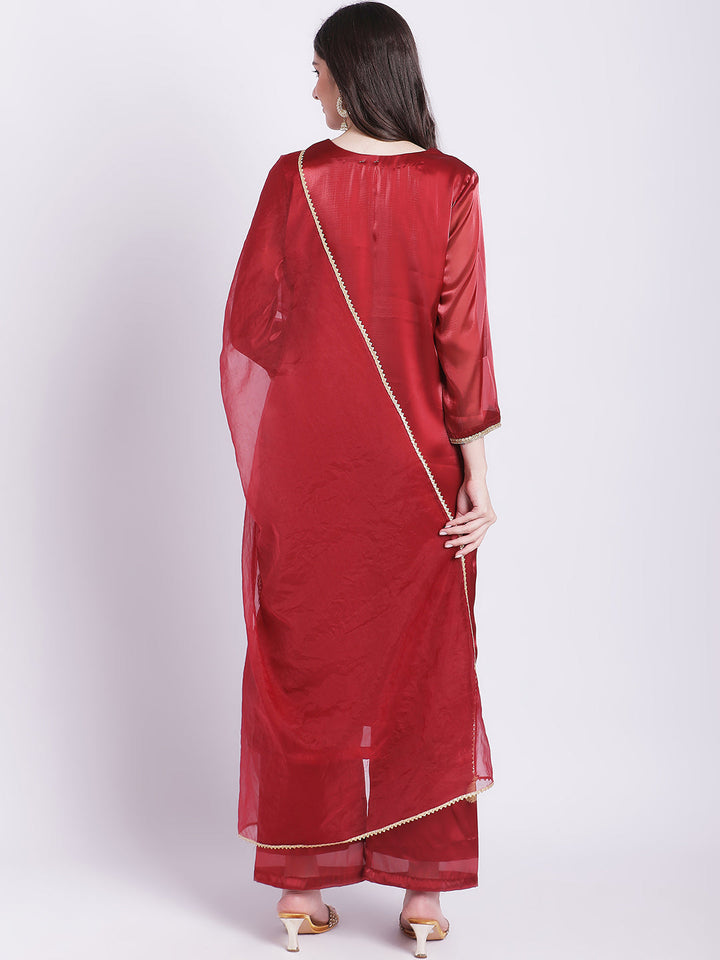 anokherang Combos Maroon Shine Organza Straight Kurti with Straight Palazzo and Organza Dupatta